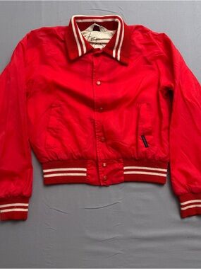 VTG Windbreaker Red White Varsity Jacket Men's Snap Striped Ribbed Trim Size L